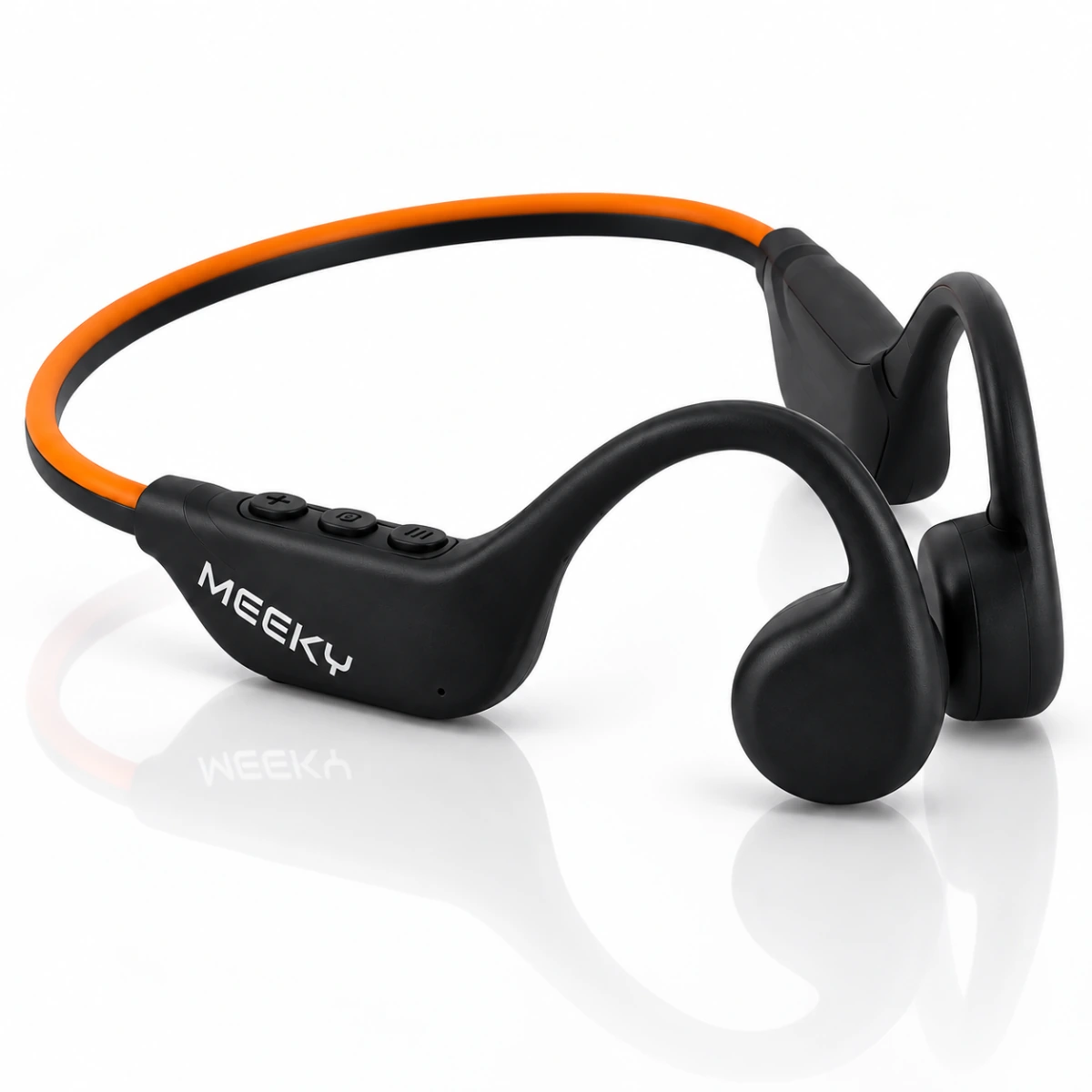 Fone de condução óssea Meeky Motion 1 preto com detalhes laranja