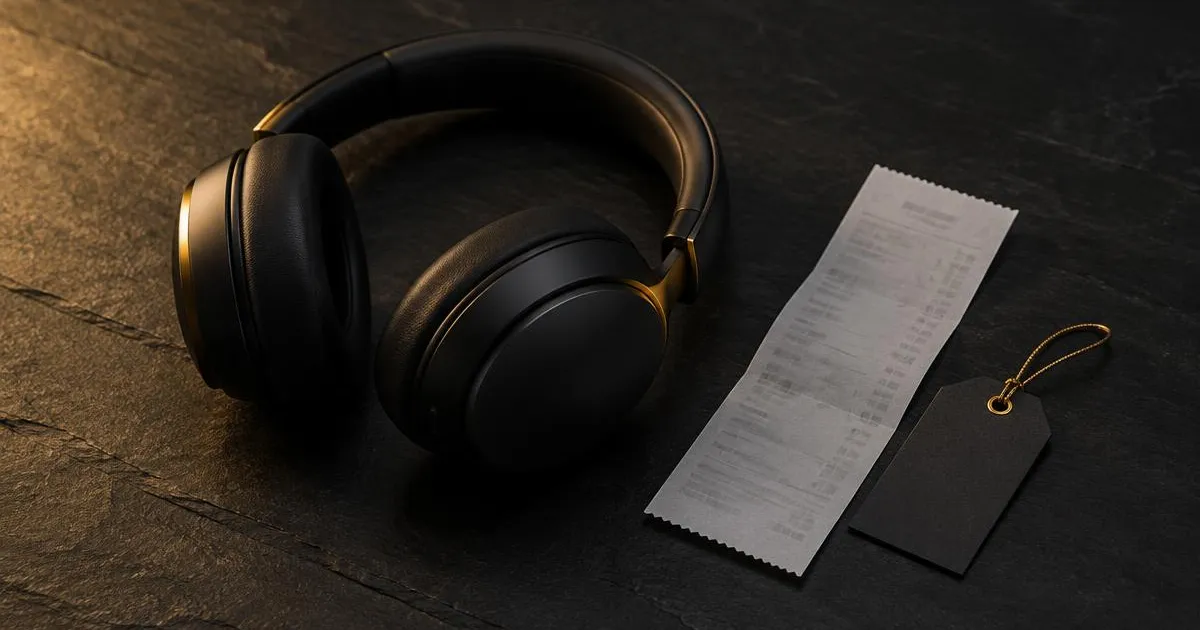Headphone over-ear preto ao lado de um cupom fiscal e uma etiqueta sobre superfície escura