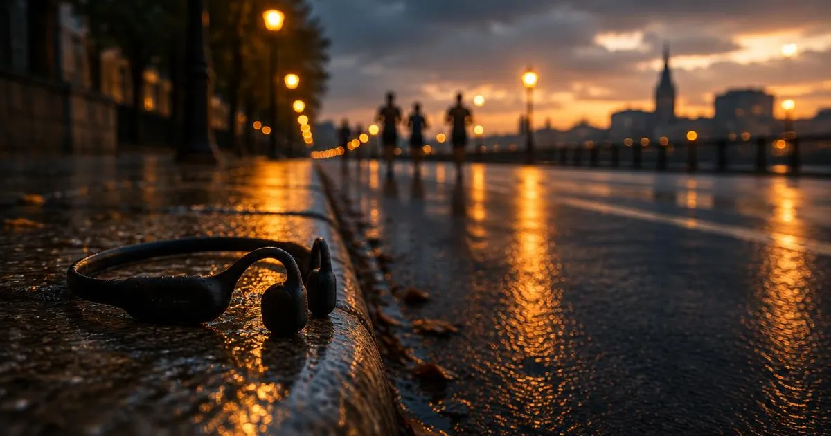 Fone de condução óssea preto sobre o meio-fio de uma rua molhada ao entardecer, com corredores ao fundo